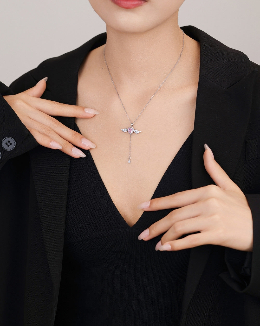 Silver Angel Heart Wing Pendant Necklace