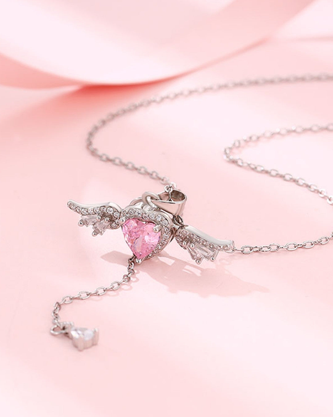 Silver Angel Heart Wing Pendant Necklace