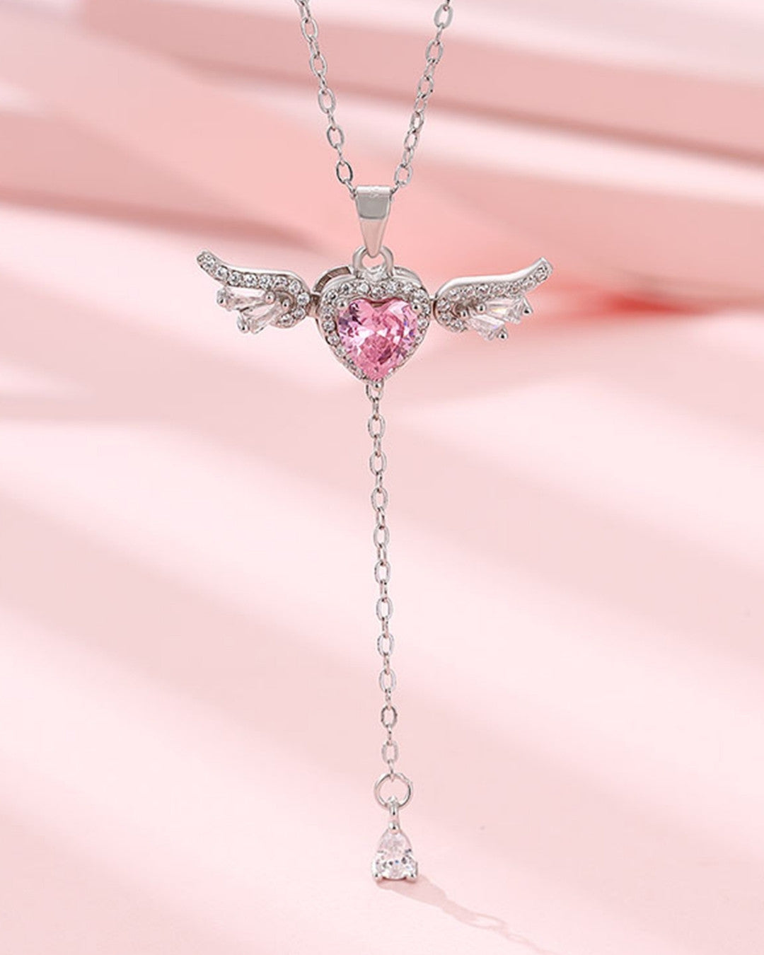 Silver Angel Heart Wing Pendant Necklace