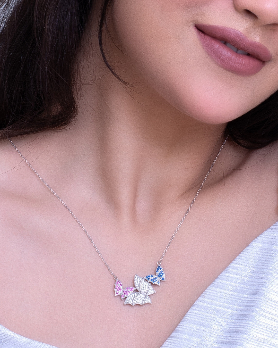 Silver Aurora Trio Butterfly Pendant Necklace