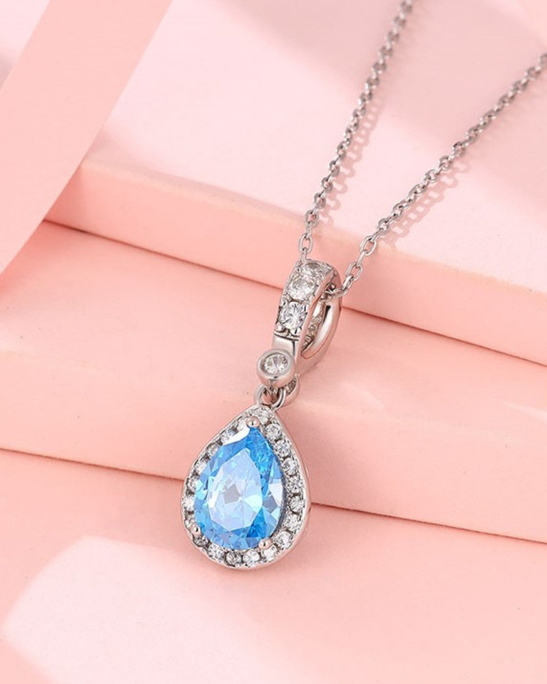 Silver Azure Glow Teardrop Pendant Necklace
