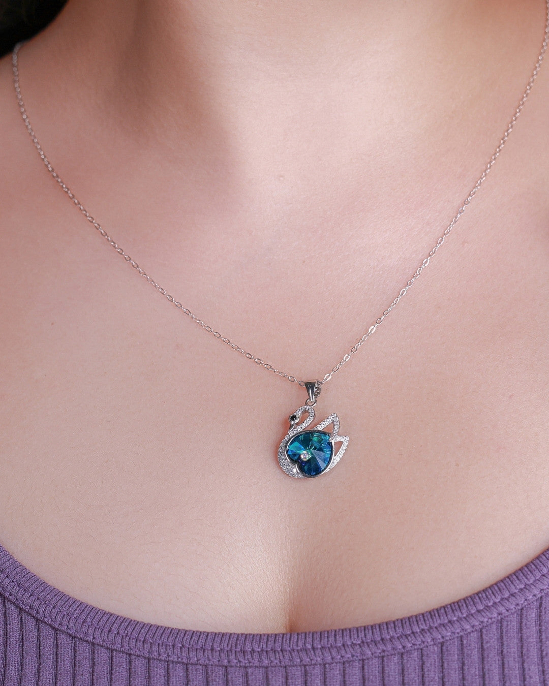 Silver Azure Swan Pendant Necklace