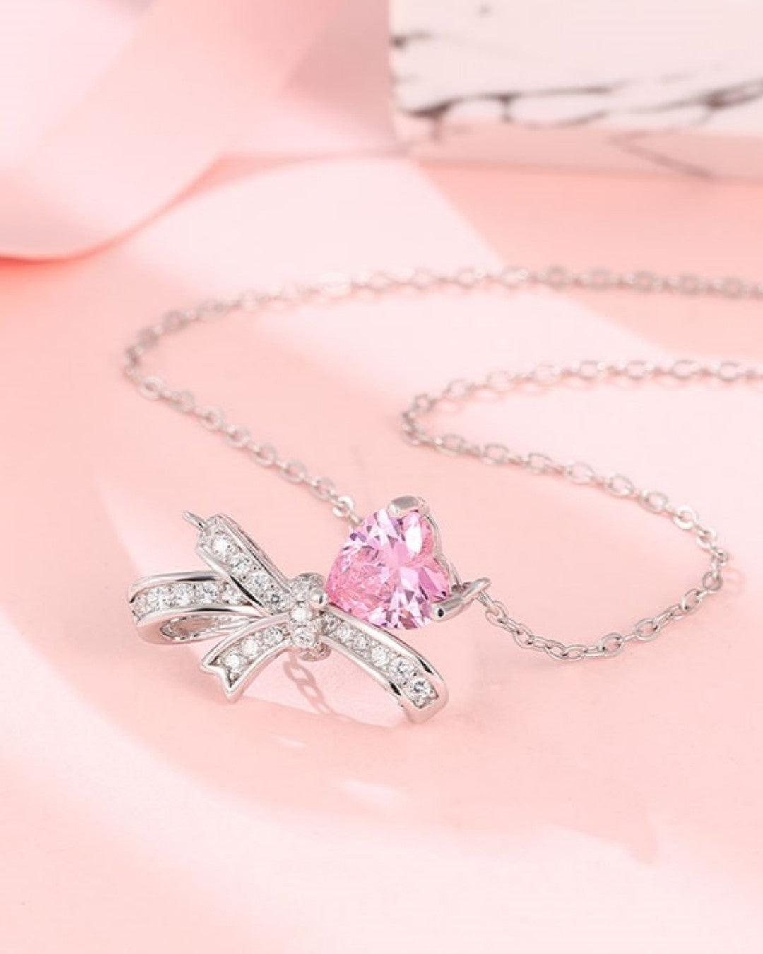 Silver Blissful Bow Heart Pendant Necklace