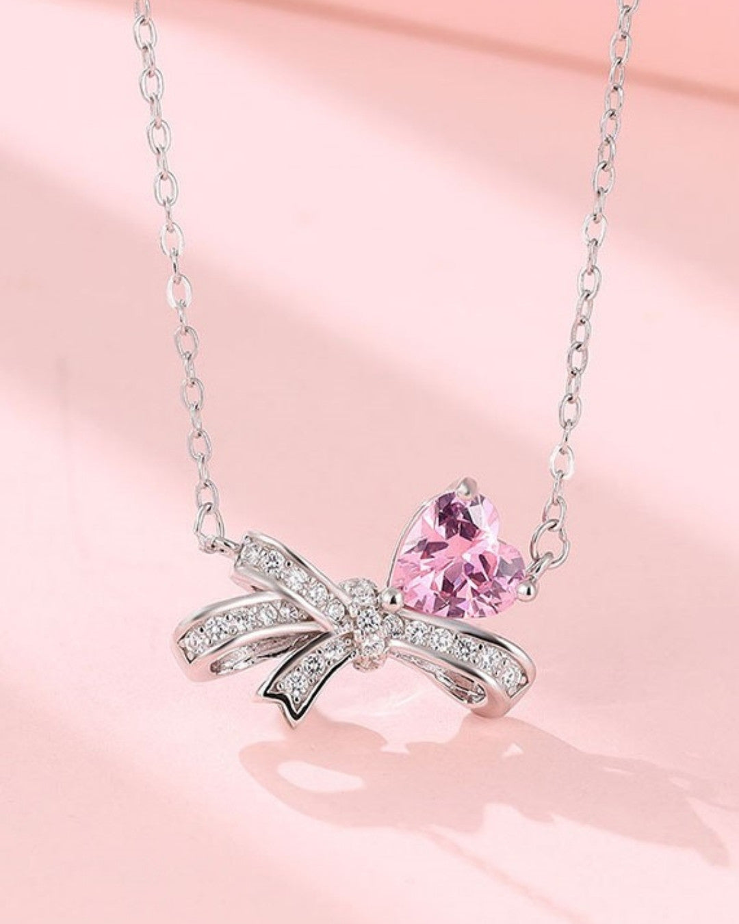 Silver Blissful Bow Heart Pendant Necklace