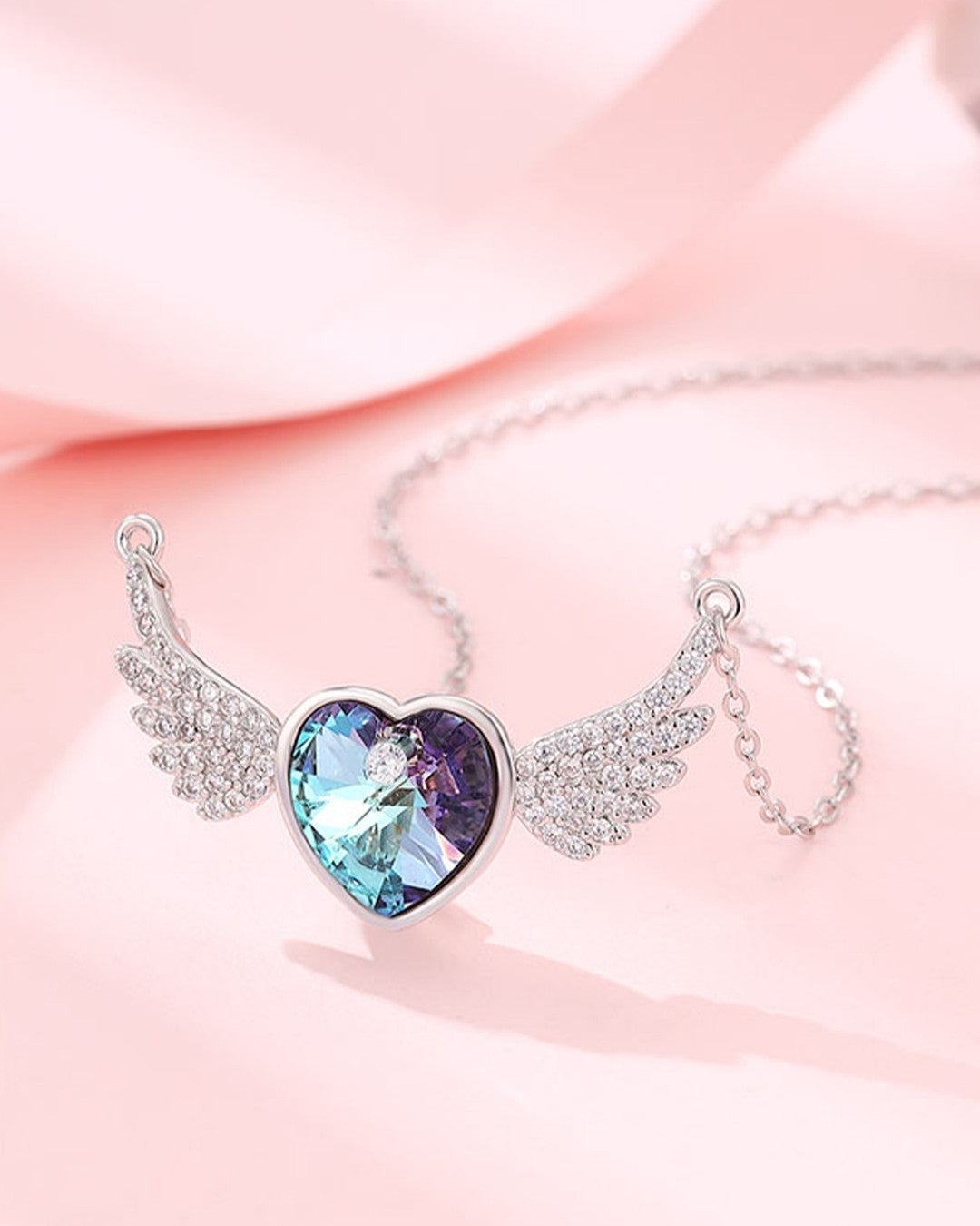 Silver Celestial Wings Heart Pendant Necklace