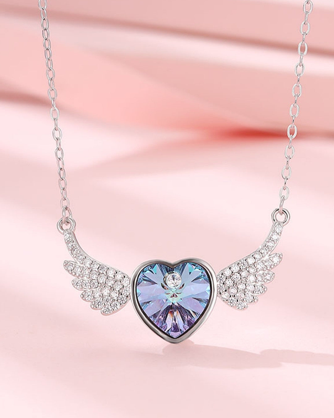 Silver Celestial Wings Heart Pendant Necklace