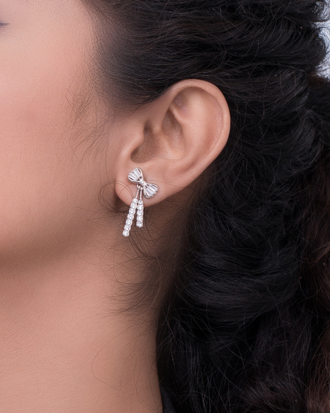 Silver Crystal Bow Cascade Earrings