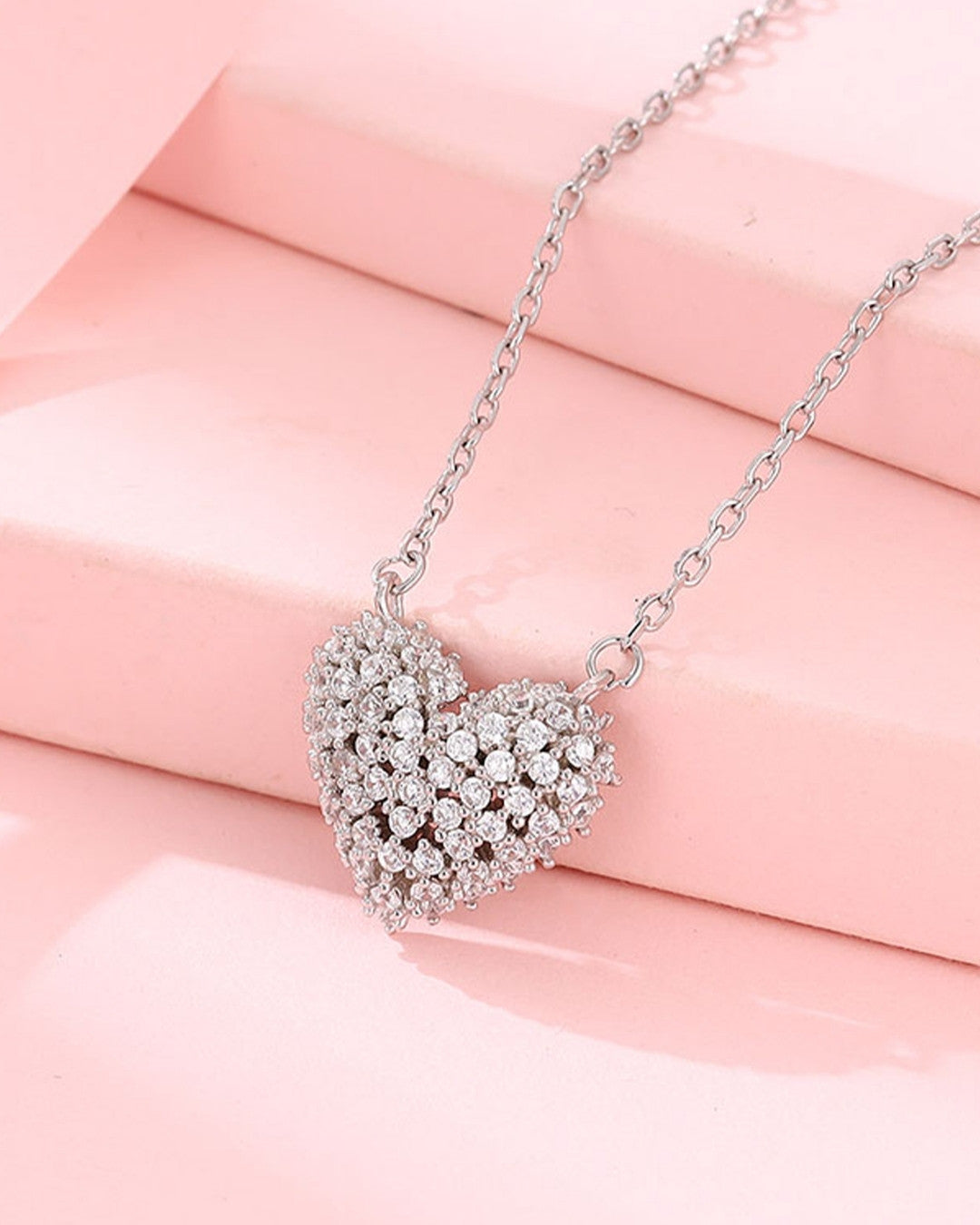 Silver Diamond Cluster Heart Pendant Necklace