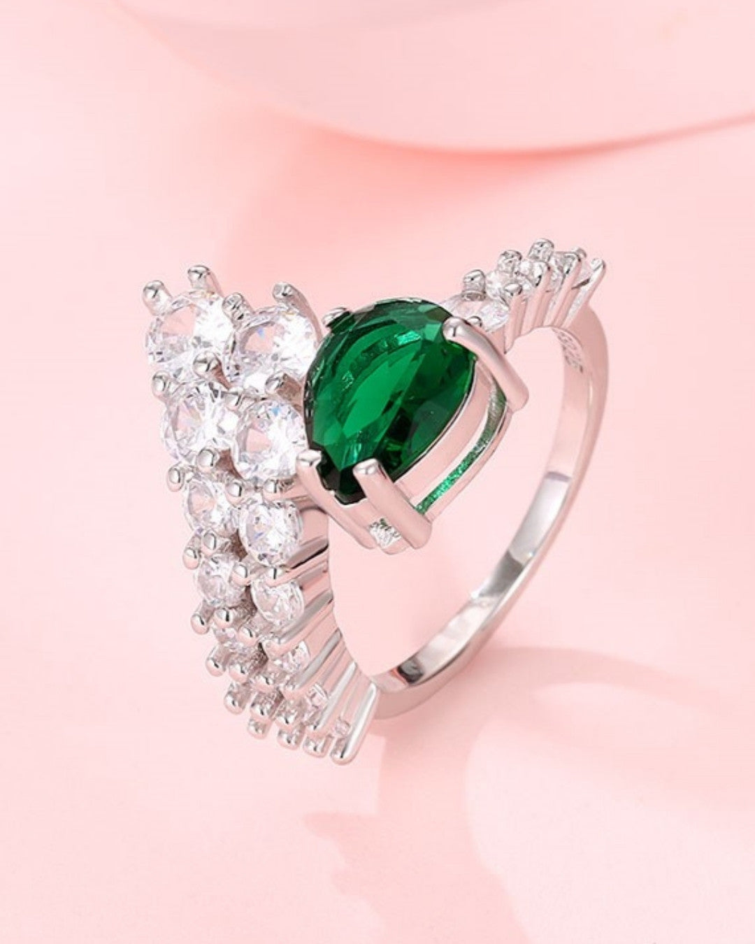 Silver Emerald Cascade Statement Ring