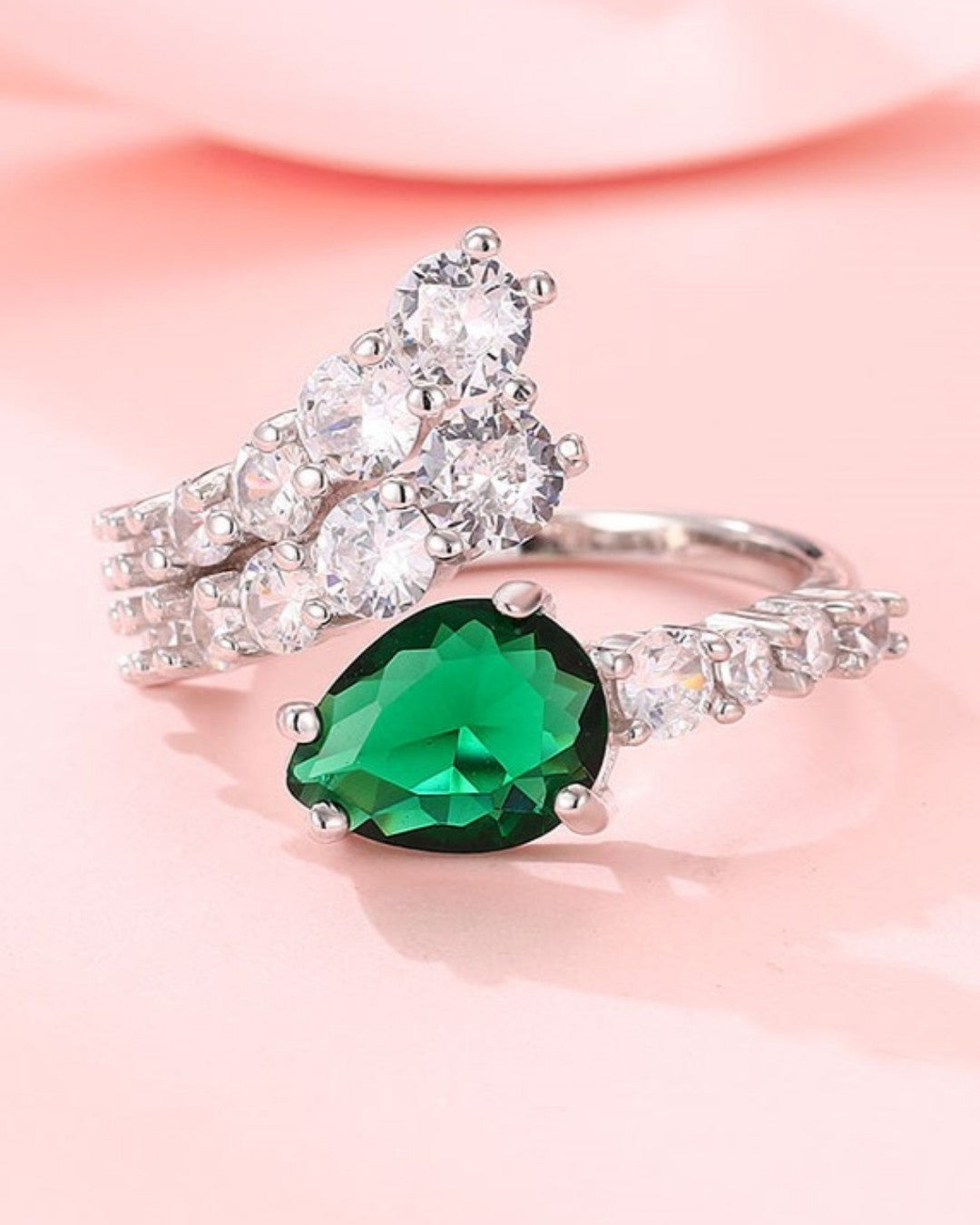 Silver Emerald Cascade Statement Ring