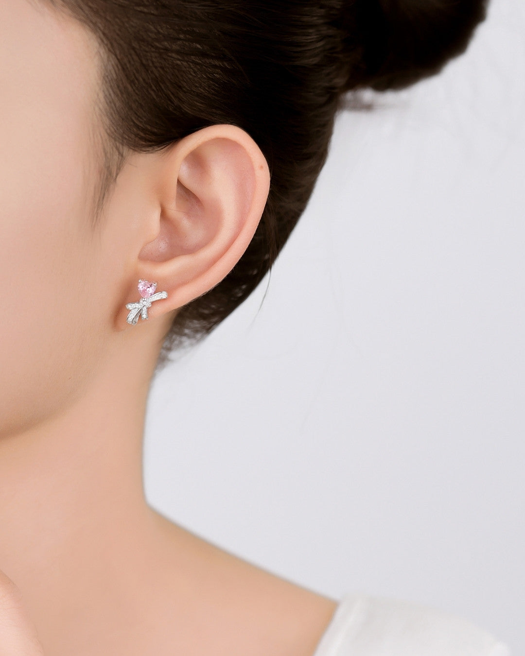 Silver Pink Bow Love Earrings