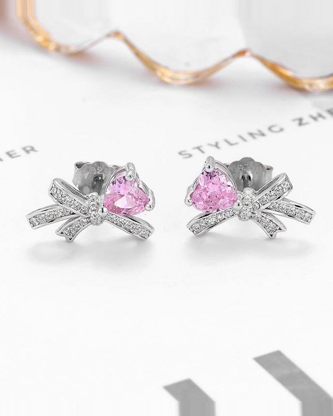 Silver Pink Bow Love Earrings