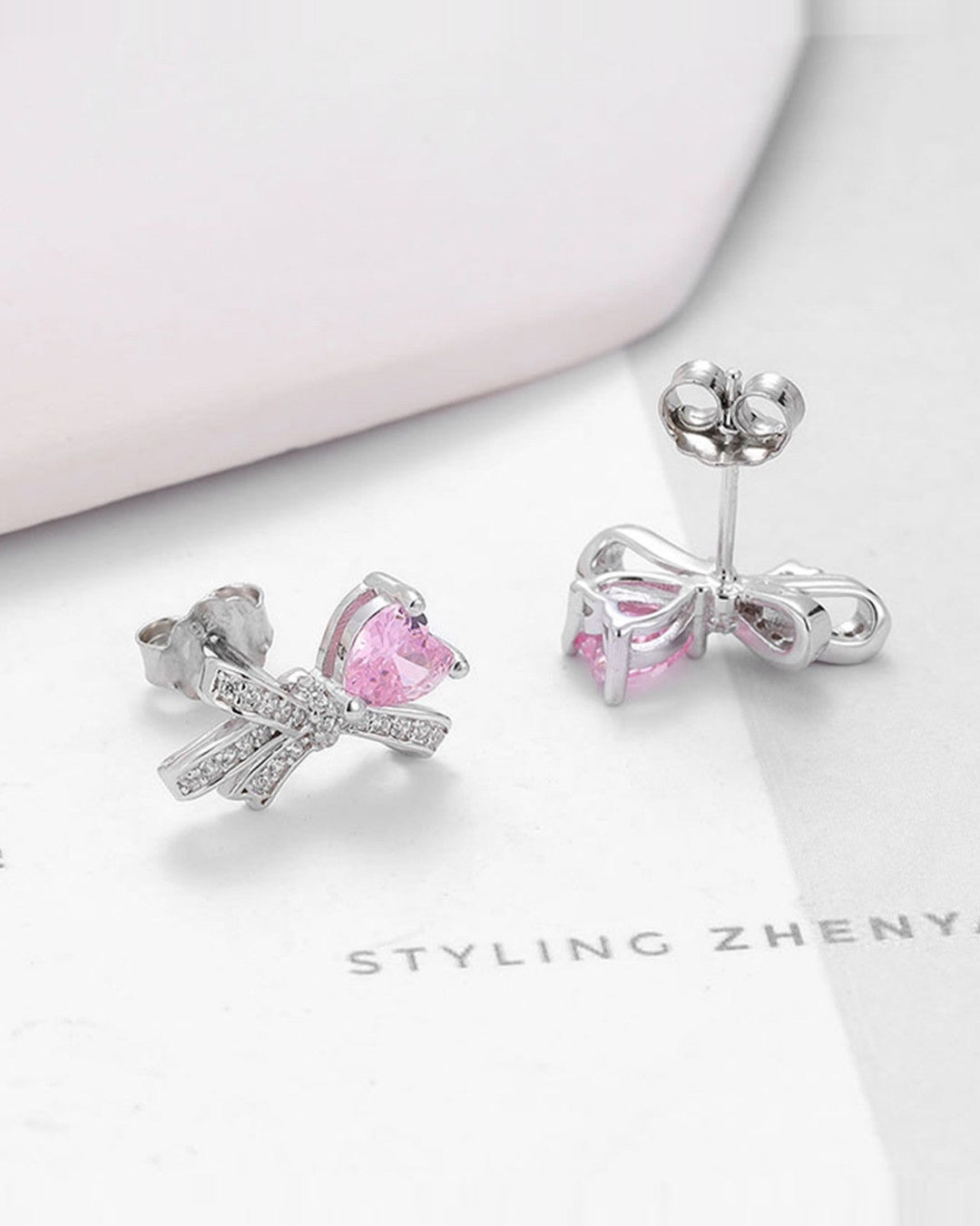Silver Pink Bow Love Earrings