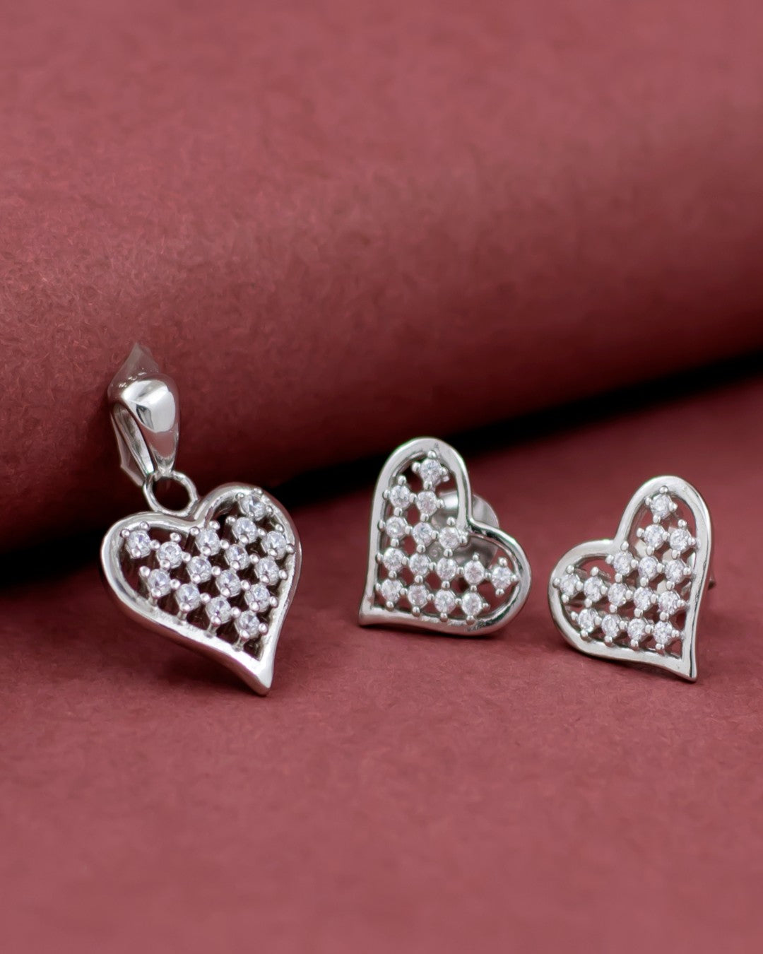 Silver Radiant Love Heart Pendant & Earrings Set
