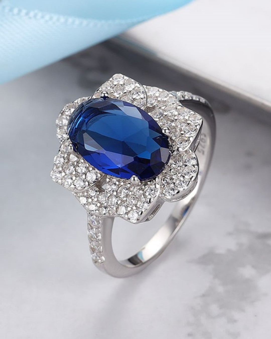 Silver Regal Sapphire Halo Ring