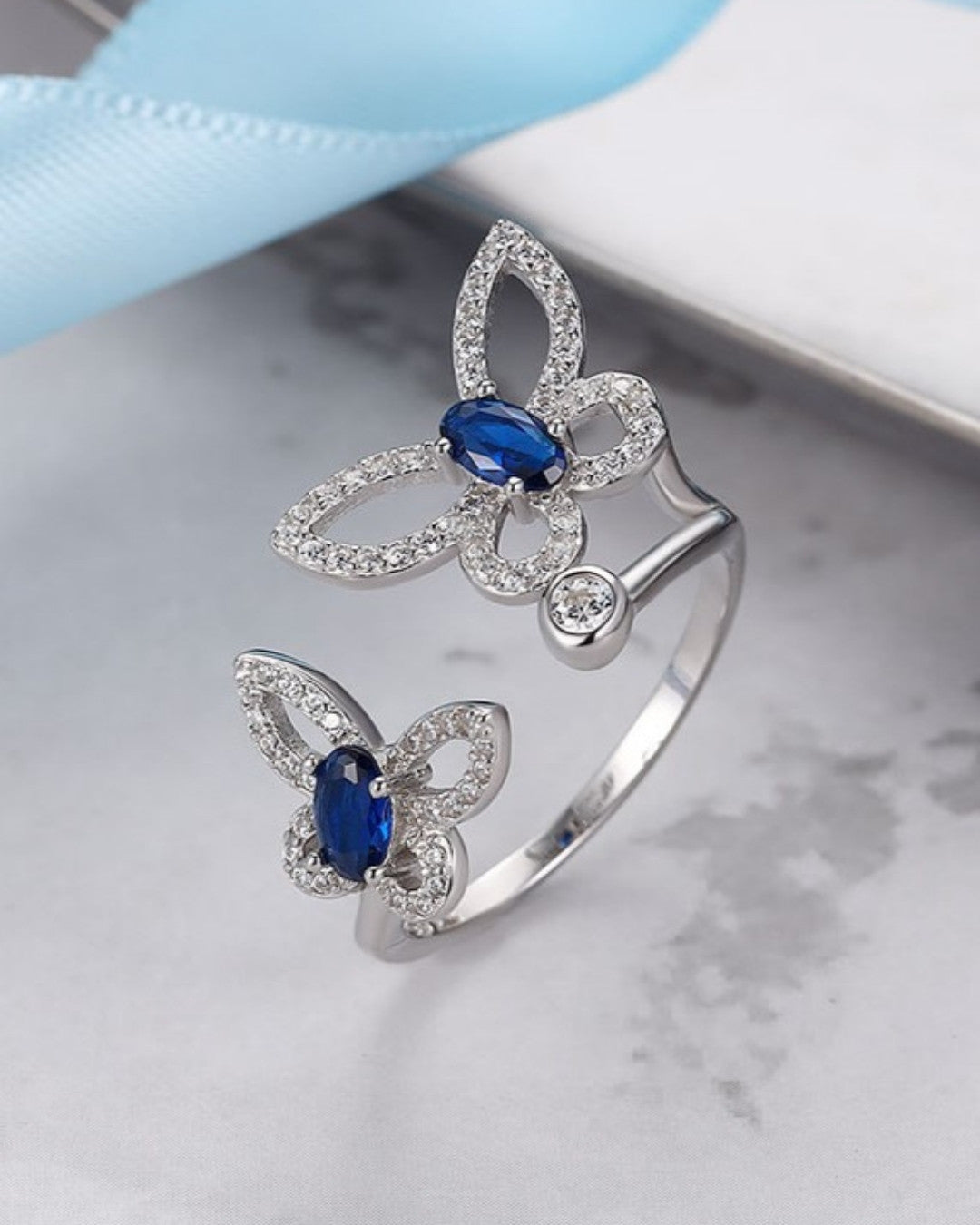 Silver Sapphire Butterfly Grace Ring