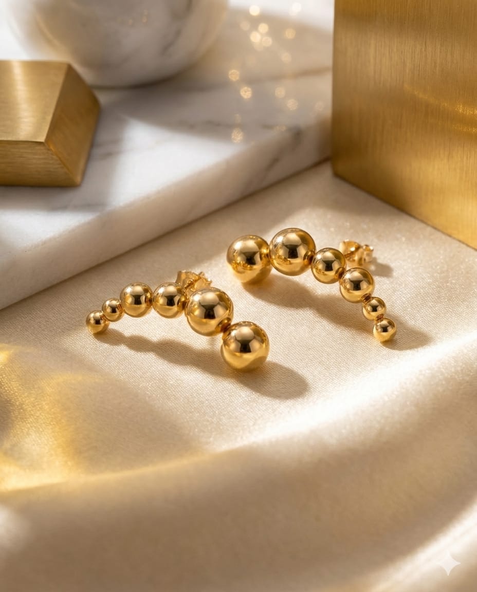 Beaded Curve Gold Stud Earrings (Demi-Fine)