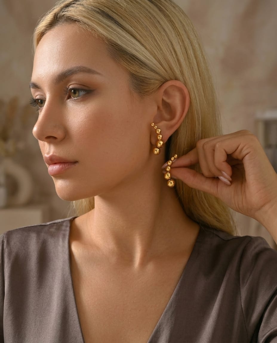 Beaded Curve Gold Stud Earrings (Demi-Fine)