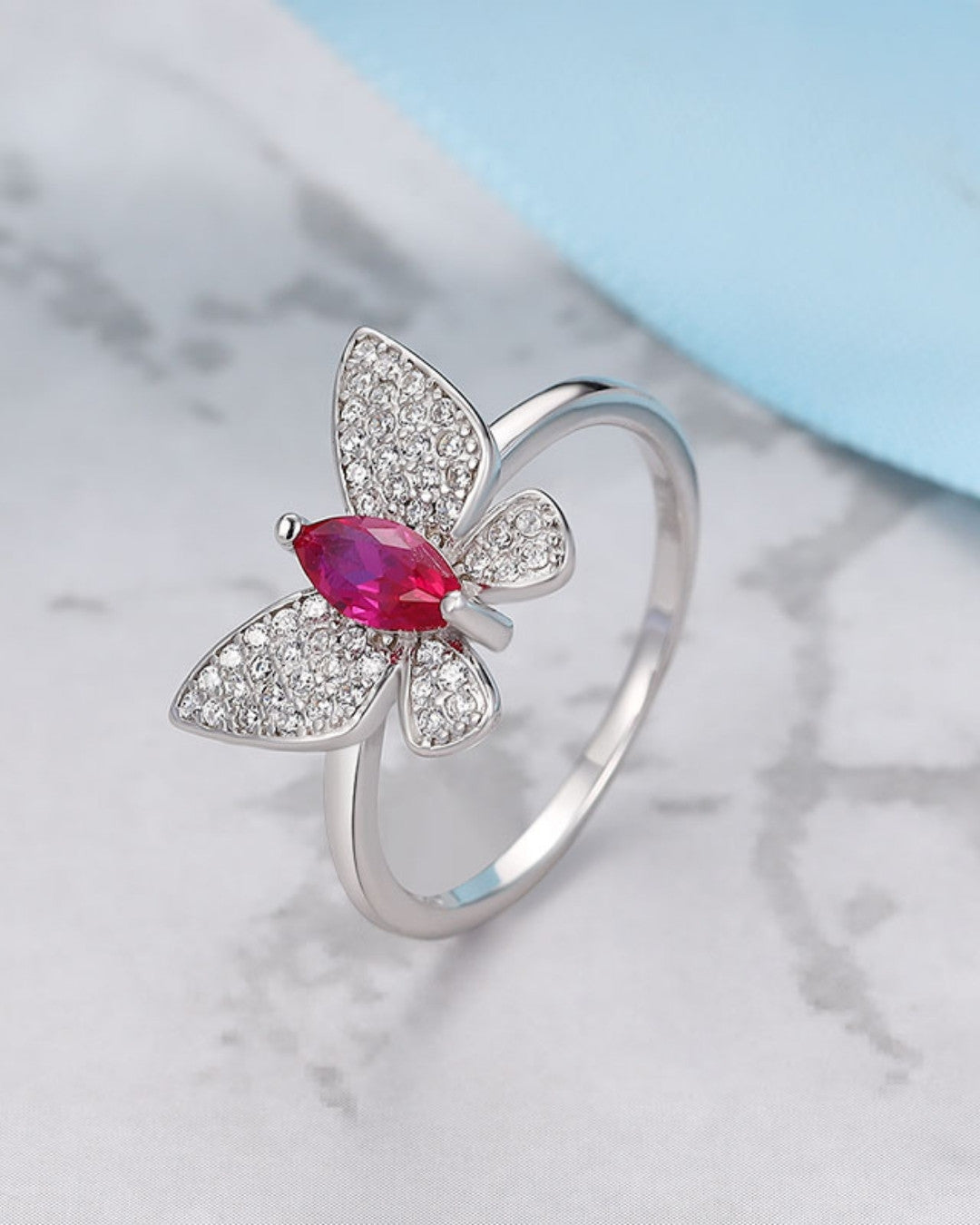 Silver Crimson Wings Butterfly Ring