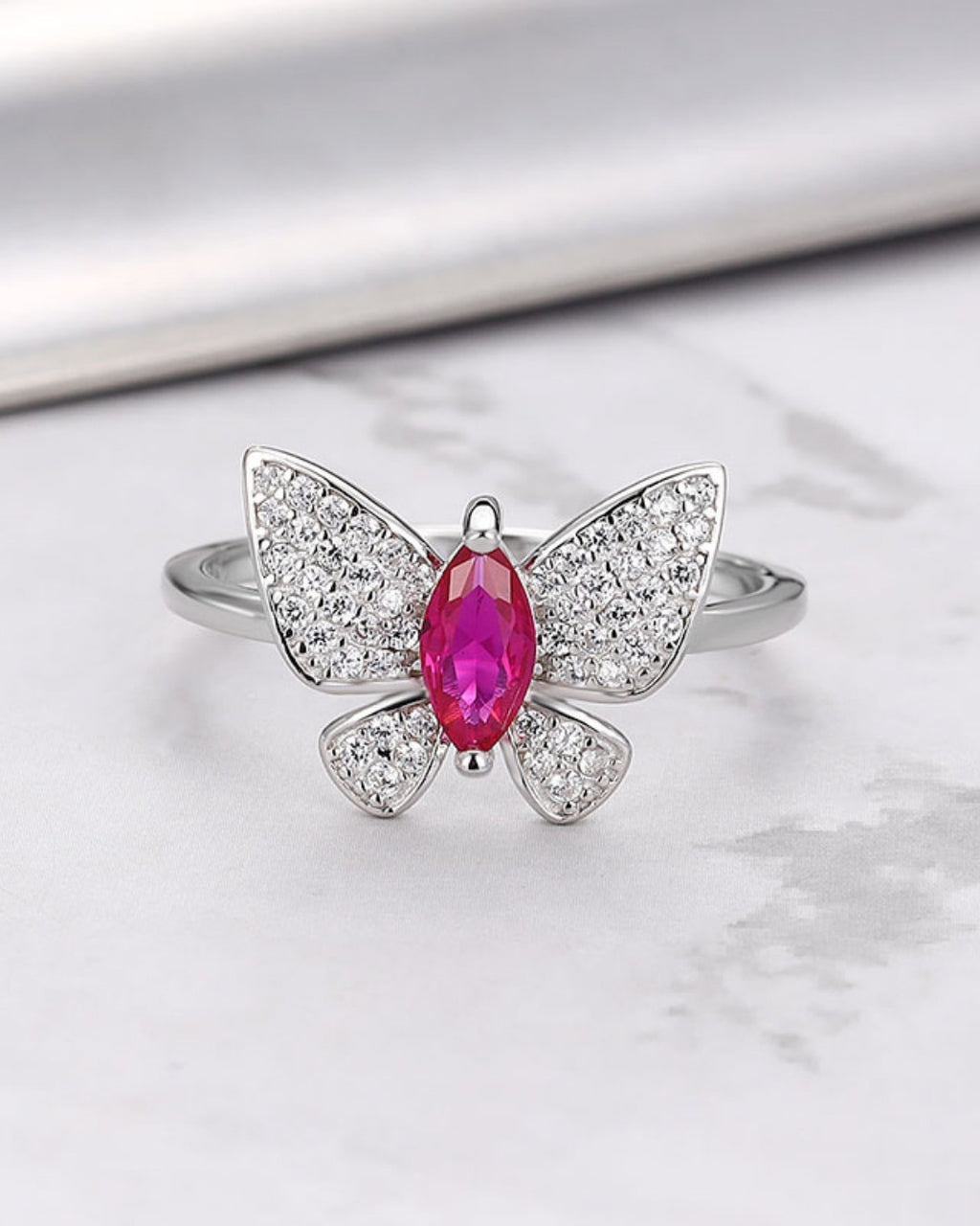 Silver Crimson Wings Butterfly Ring