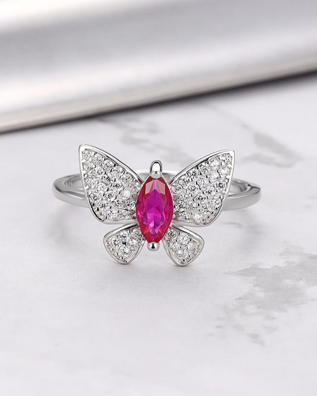 Silver Crimson Wings Butterfly Ring