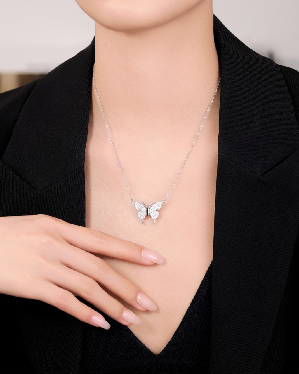 Silver Glittering Wings Butterfly Pendant Necklace
