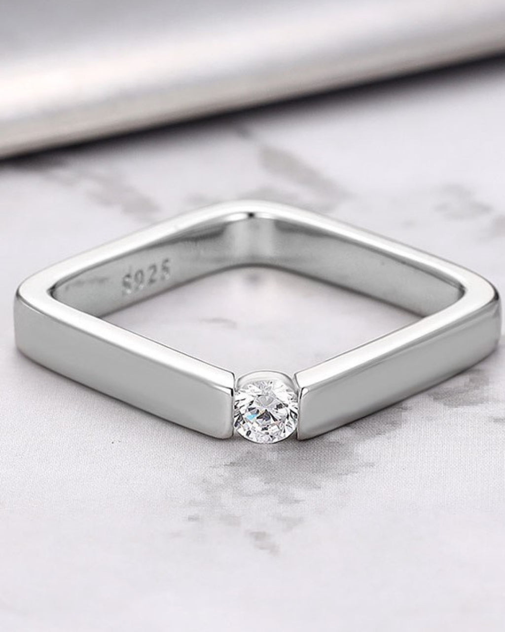 Silver Modern Edge Diamond Square Ring