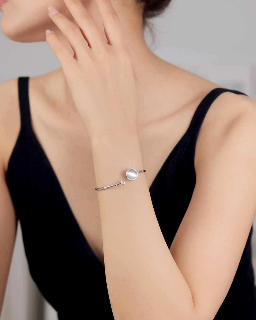 Silver Moonlit Grace Pearl Cuff Bracelet