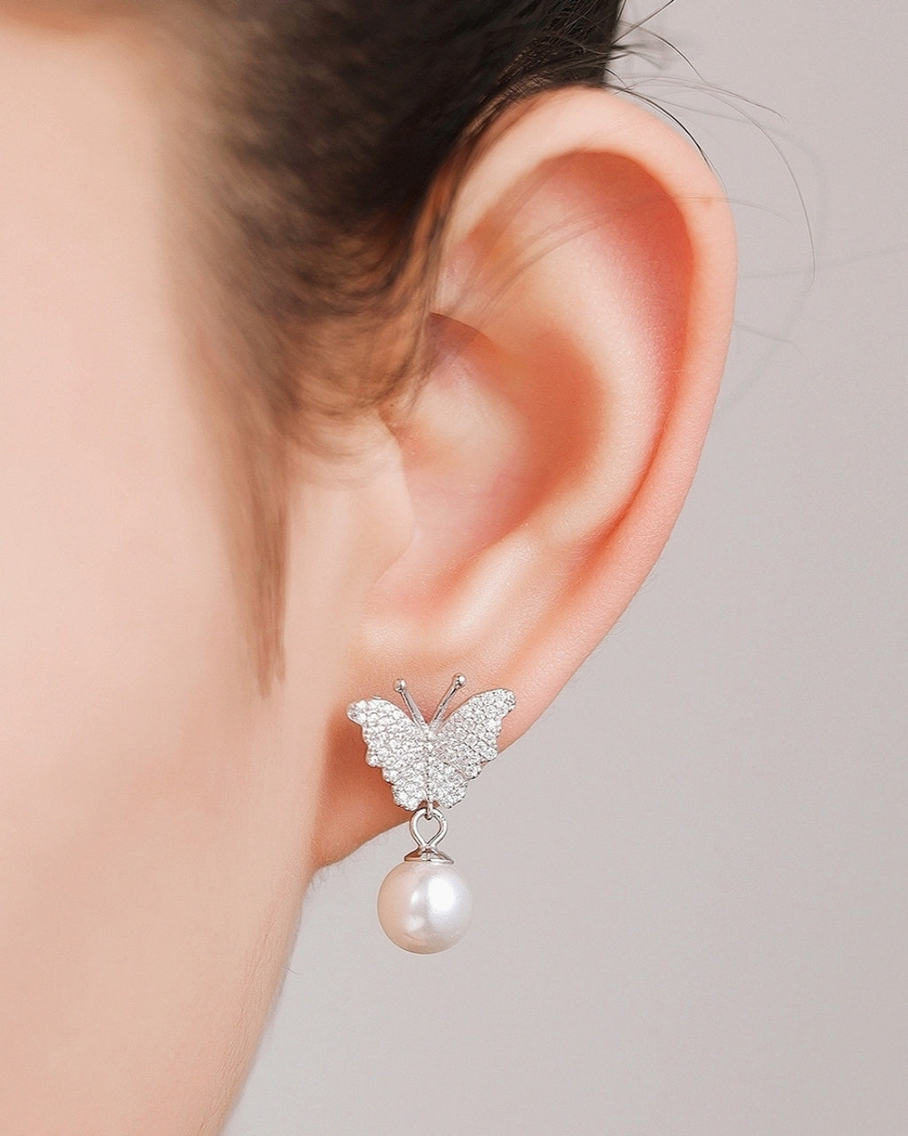 Silver Pearl Flutter Butterfly Earrings