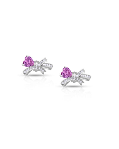 Silver Pink Bow Love Earrings