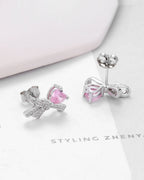 Silver Pink Bow Love Earrings