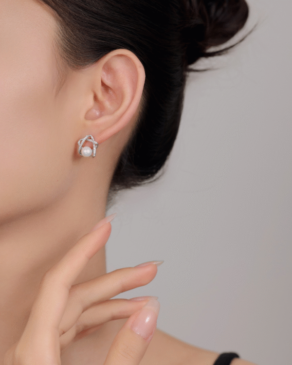 Silver Pearl Orbit Elegance Earrings - Image 3