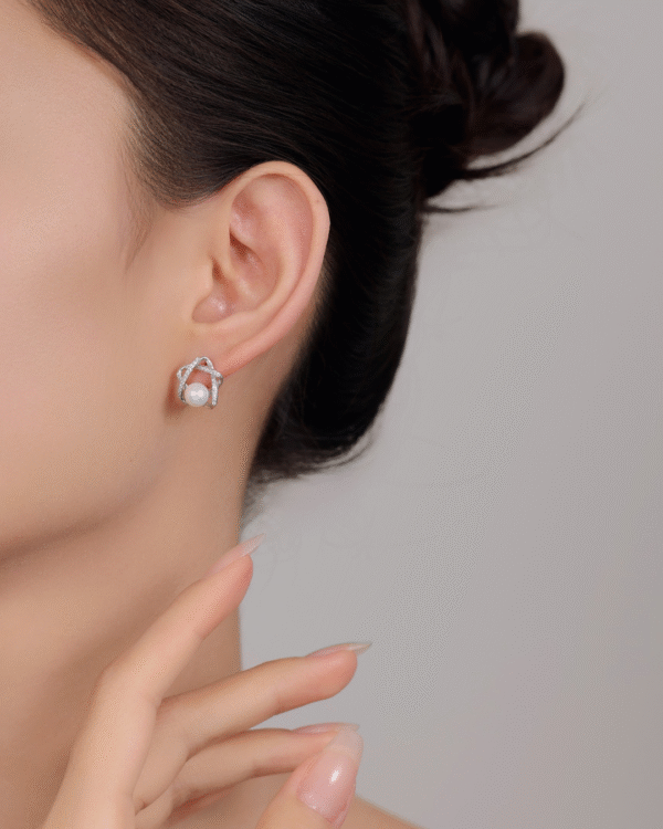Silver Cosmic Orbit Pearl Stud Earrings - Image 2
