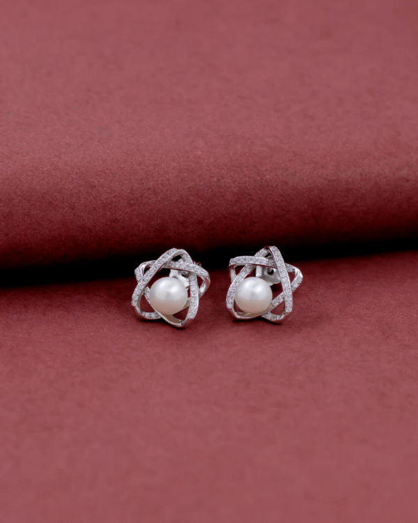 Silver Cosmic Orbit Pearl Stud Earrings - Image 3