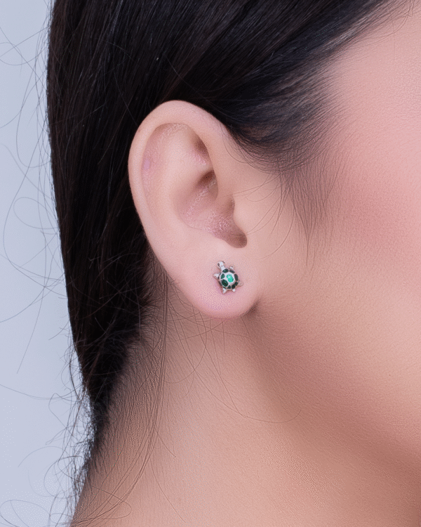 Silver Emerald Turtle Stud Earrings - Image 2