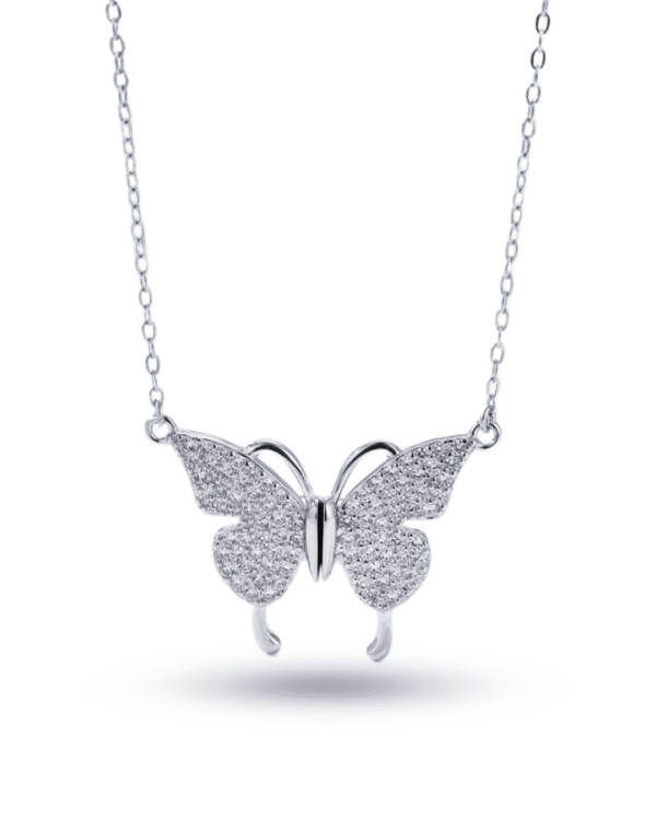 Silver Glittering Wings Butterfly Pendant Necklace