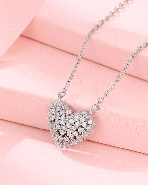 Silver Diamond Cluster Heart Pendant Necklace - Image 3