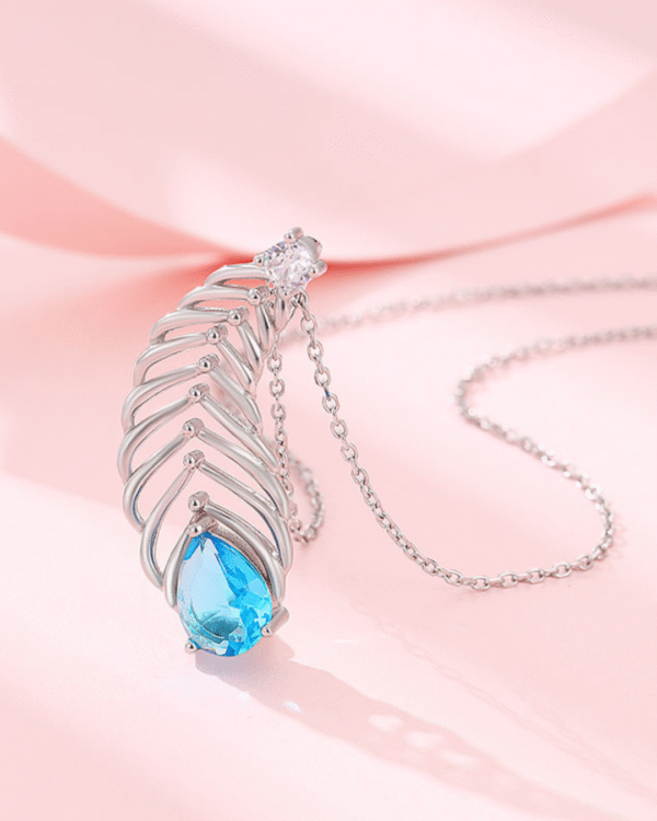 Silver Feathered Ocean Blue Pendant Necklace - Image 4