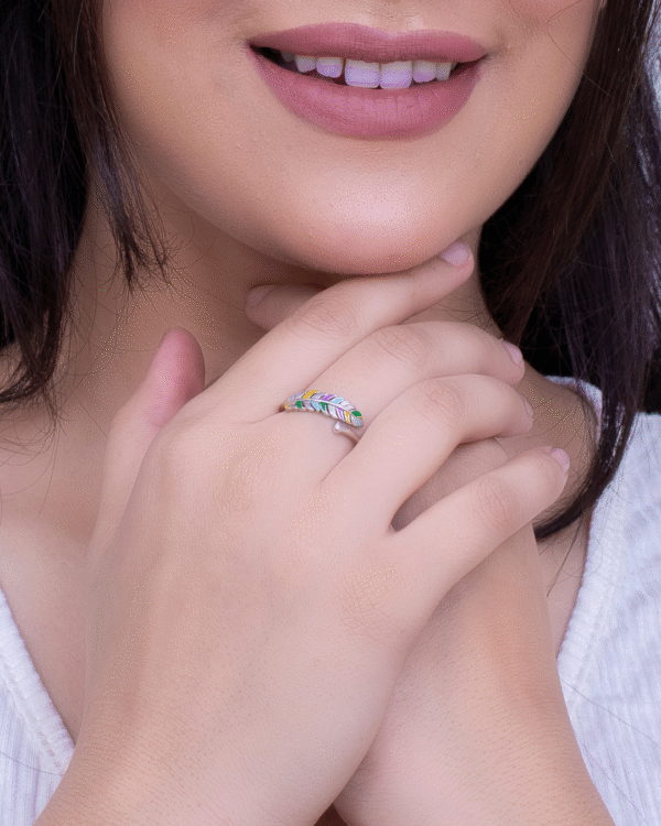 Silver Bohemian Spectrum Feather Ring - Image 2