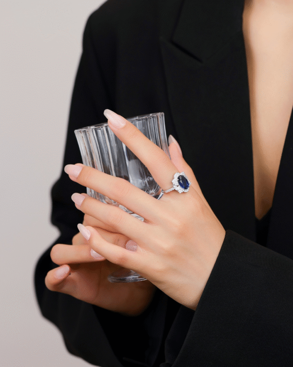 Silver Regal Sapphire Halo Ring - Image 2