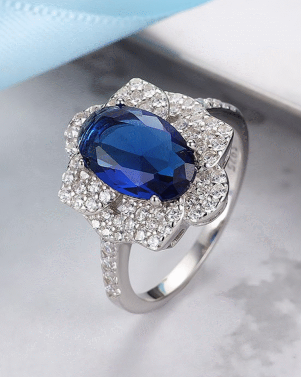 Silver Regal Sapphire Halo Ring - Image 3
